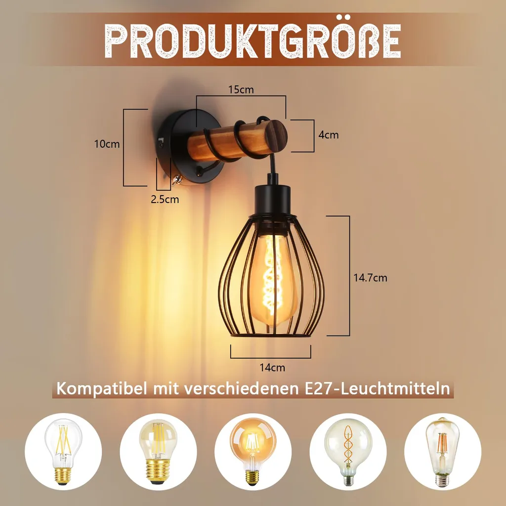 Applique Industriale ZMH con Interruttore - Lampada Letto Legno E27 - 2