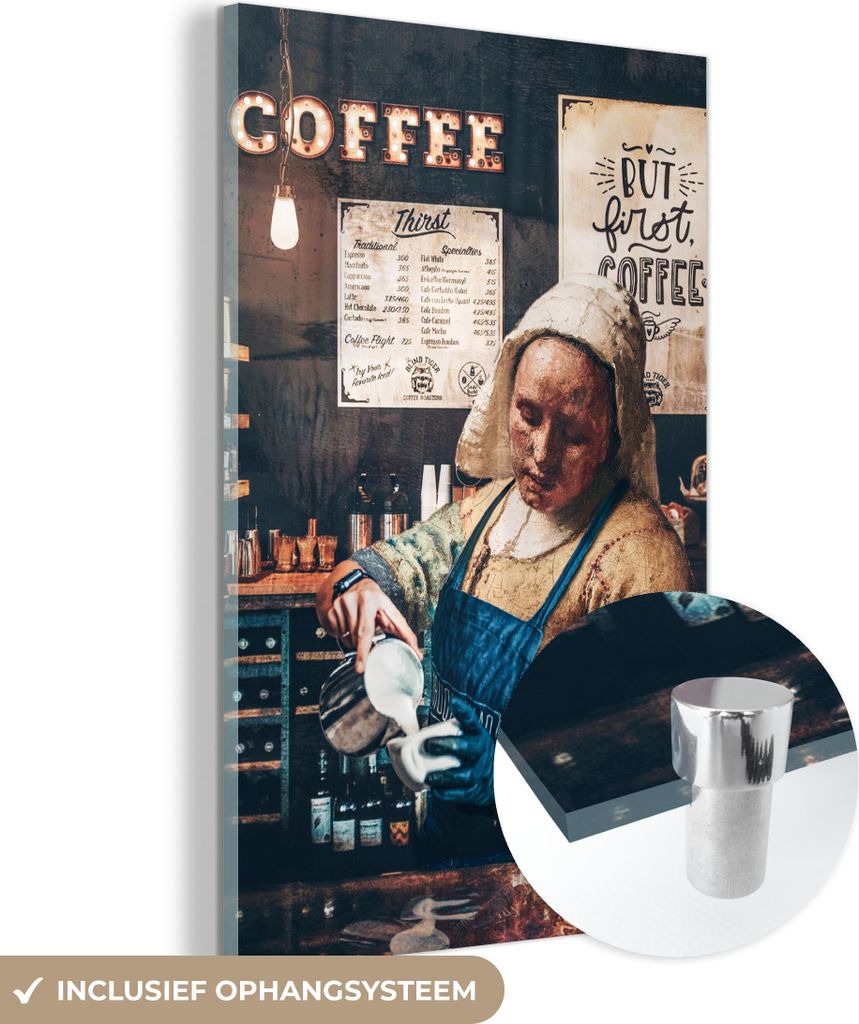 MuchoWow Glasbilder - Bilder auf Wandbild - Foto auf Glas Kaffee - Milchmädchen - Barista - Vermeer - Kunst - Cappuccino - Aber zuerst Kaffee 60x9...