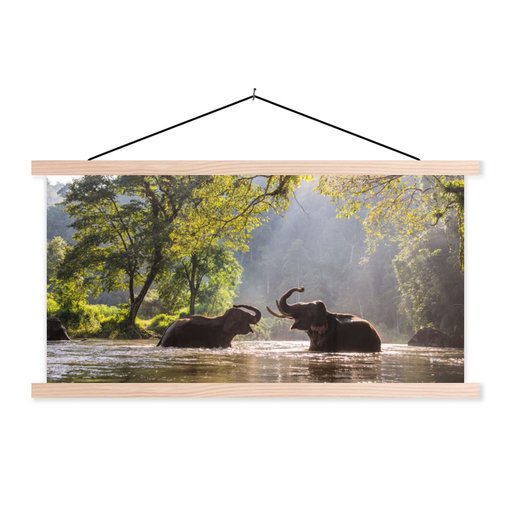 MuchoWow Textilposter Elefant - Wasser - Tiere - Bäume - Sonne 120x60 cm mit holzfarbenen Rahmen - Klemmleiste