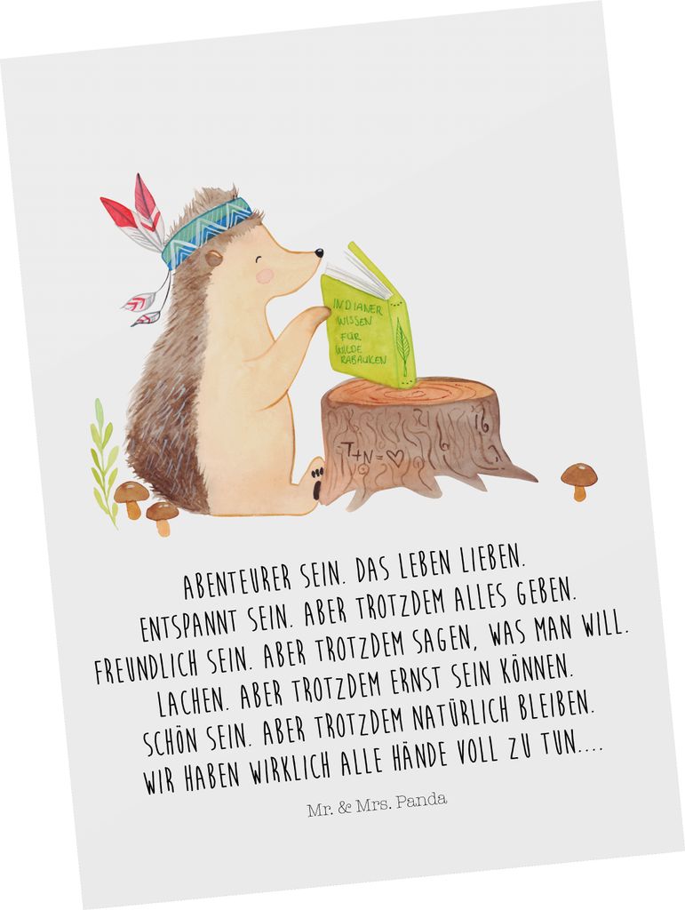 Mr. & Mrs. Panda Postkarte Igel Federschmuck - Weiß - Geschenk, Tiere, Abenteuer, Postkarten, Indianer, Grußkarte, Lagerfeuer, Ansichtskarte, Ans...