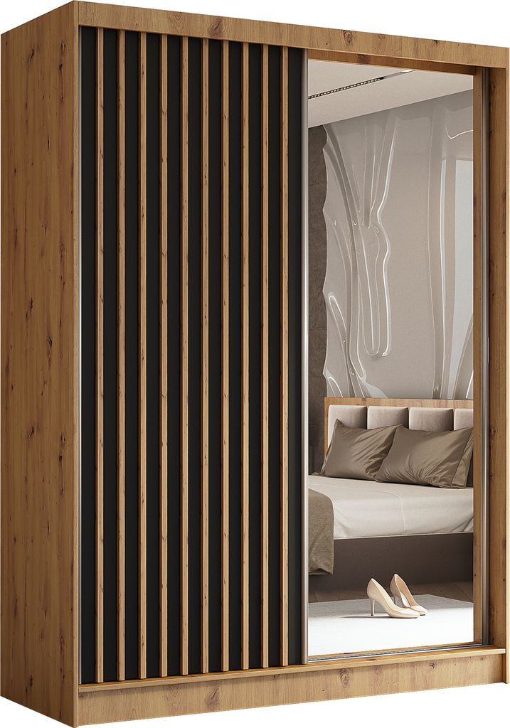 A sliding door wardrobe with a mirrored door reflecting a bedroom interior.