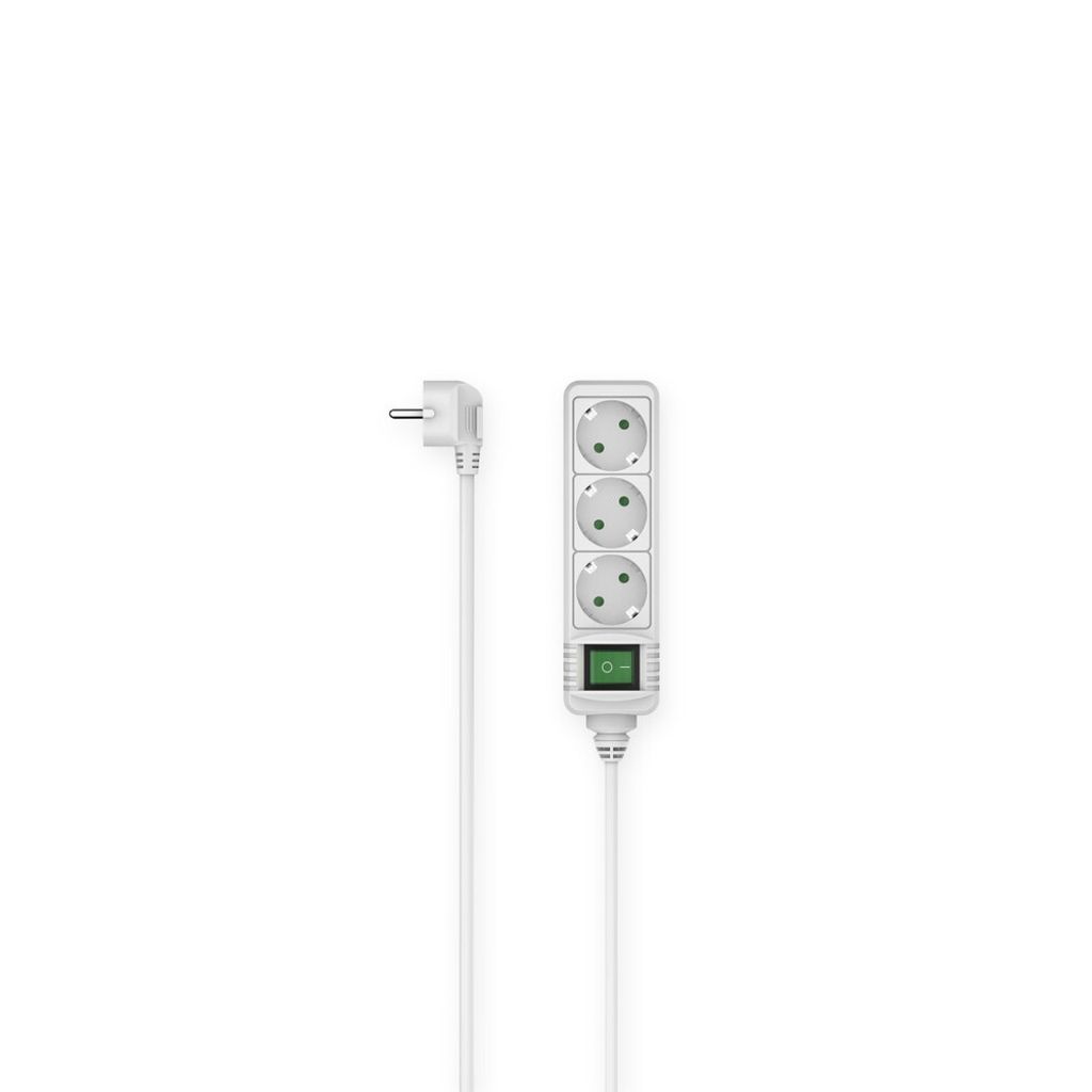 A white power strip with three sockets and a green switch is shown against a white background.