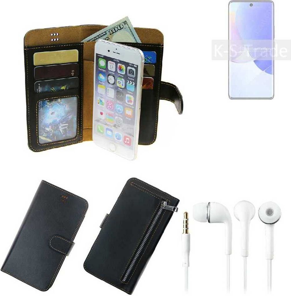 TOP SET Handy Hülle Schutz Hülle kompatibel mit Huawei nova 9 schwarz aus Kunstleder + Kopfhörer Smartphone Tasche vollwertige Geldbörse