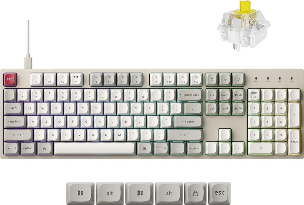 A mechanical keyboard and a keyboard switch are displayed against a white background.