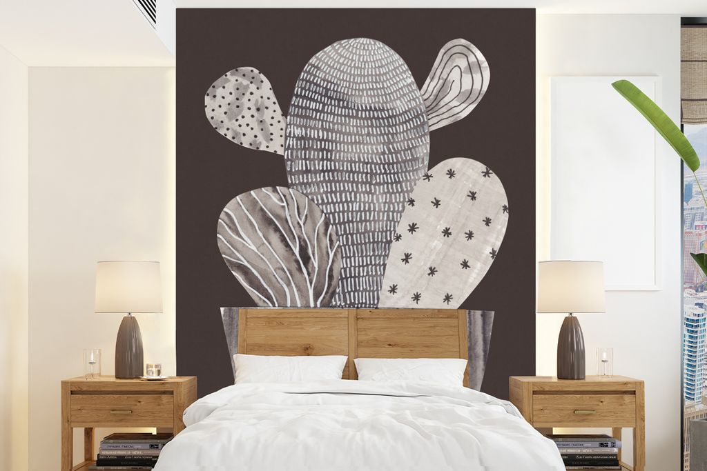 MuchoWow Fototapete für Wohnzimmer oder Schlafzimmer Wandtapete Vinyl Motivtapete Kaktus - Pflanze - Punkte - Streifen - 165x220 cm - Wanddekora...