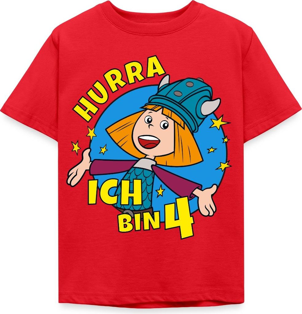 Spreadshirt Wickie Und Die Starken Männer 4. Geburtstag Kinder T-Shirt, 122/128 (7-8 Jahre), Rot