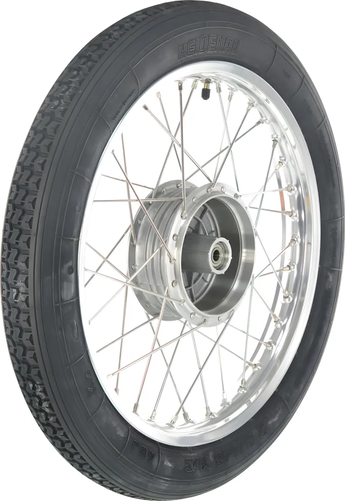 Roue complète en inox et aluminium poli 1,5x16 pouces pneu Heidenau K4