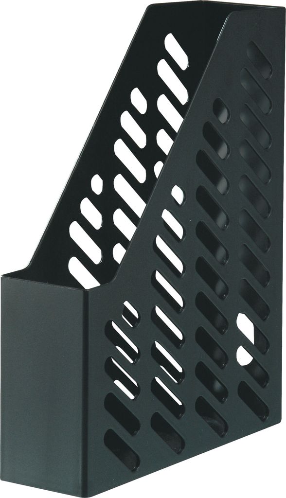A black plastic magazine holder with a perforated design.