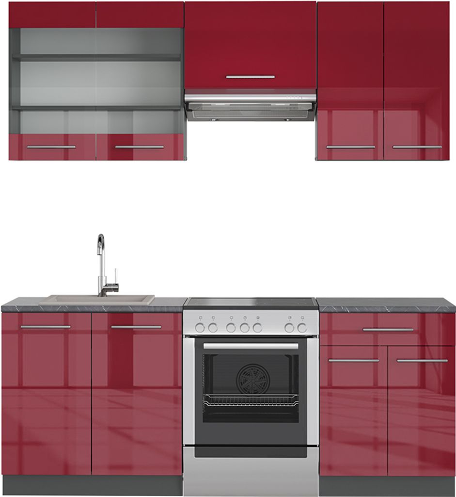 Küchenzeile Vicco Fame-Line Bordeaux Hochglanz/Anthrazit 200 cm , AP Anthrazit, Model 42606