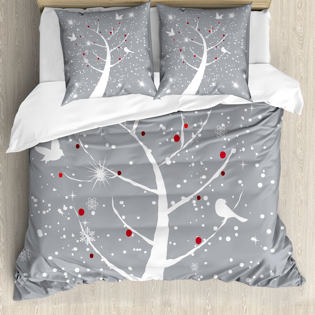 ABAKUHAUS Snowy-Bäume Bettbezug Set für Einzelbetten, Rote Beeren und Vögel, Milbensicher Allergiker geeignet mit Kissenbezug, 200 cm x 200 cm -...