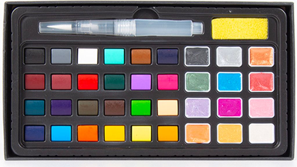 H&B 36 Farben Aquarellfarben Set, 24 Standardfarben+12 Perlglanzfarben +Wasserstiftpinsel+Schwamm für Zeichnen künstlerisches Schaffen Anfänger ...