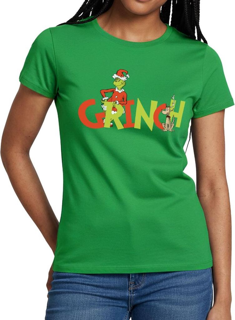 Spreadshirt Der Grinch Schriftzug Mit Grinch & Hund Max Frauen T-Shirt, L, Kelly Green