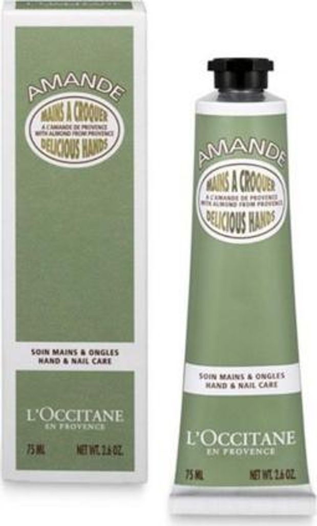 A product shot of L'Occitane Almond Delicious Hands Cream and its packaging.