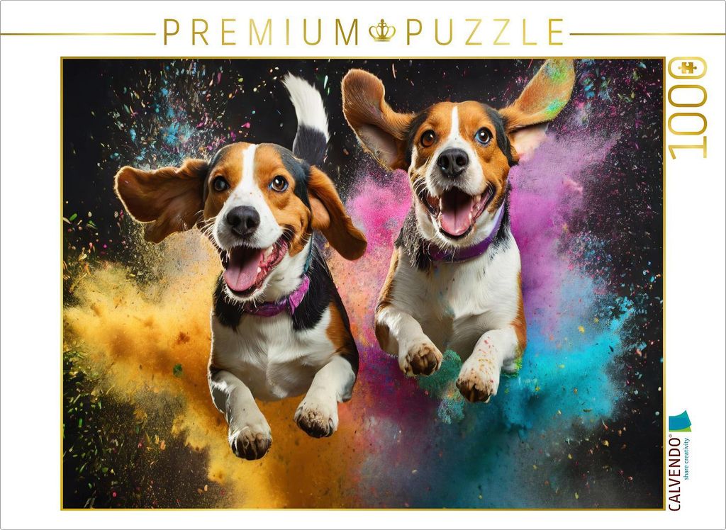 CALVENDO Puzzle Zwei Beagle springen in einer bunten Holi Pulver Farbwolke | 1000 Teile Lege-Größe 64x48cm Foto-Puzzle für glückliche Stunden