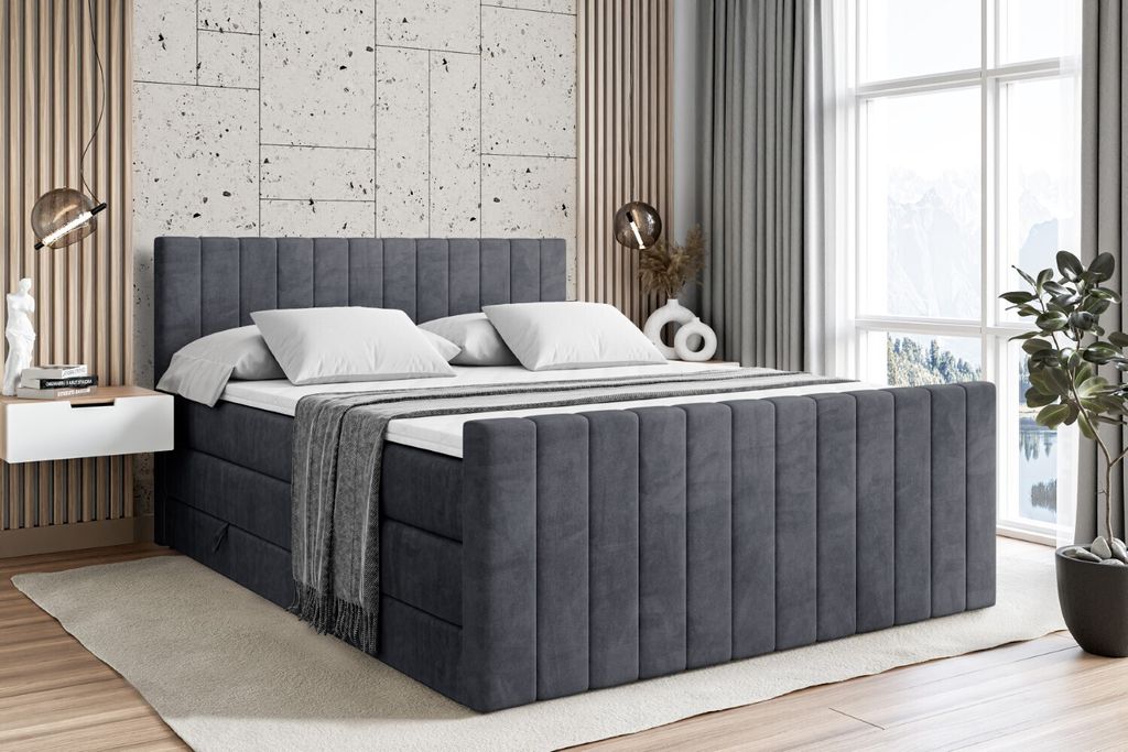 ALTDECOR Boxspringbett mit Fußteil, 2 Matratzen und Topper - 160x200 cm - EDITA-Z KING - Dunkelgrau Samt - Polsterbett mit, H3- und H4- Matratzen,...