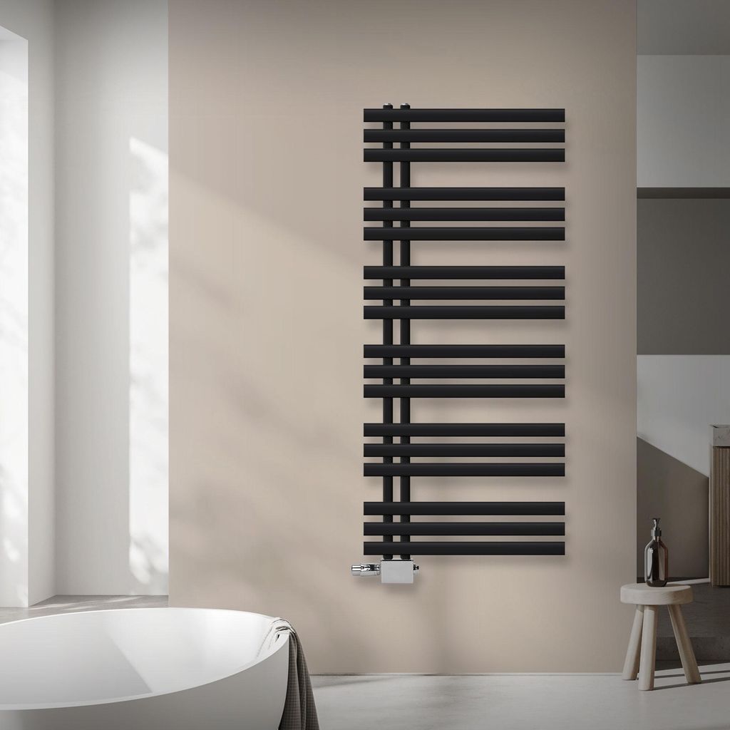 LuxeBath Design Badheizkörper, 600x1400 mm, Schwarz, mit Universal Thermostatventil, inkl. Montage-Set, ohne Heizstab