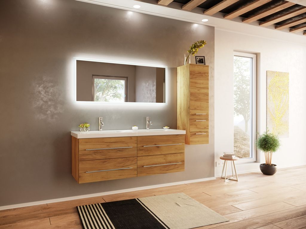Badmöbelset Persepolis XL 3-teilig LED-Spiegel Seitenschrank eiche gold : Eiche Gold Varianten: Eiche Gold