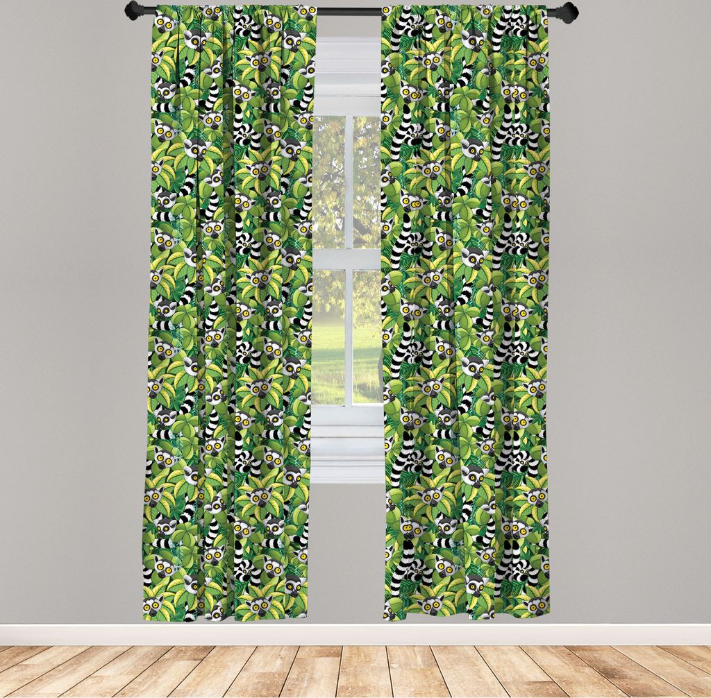 ABAKUHAUS Lemur Vorhänge, Gardinen, Exotic Jungle Niedlich Augen Repetitive Drucken, 2 Stück 75 x 225 cm, , Farngrün Dunkelgrau