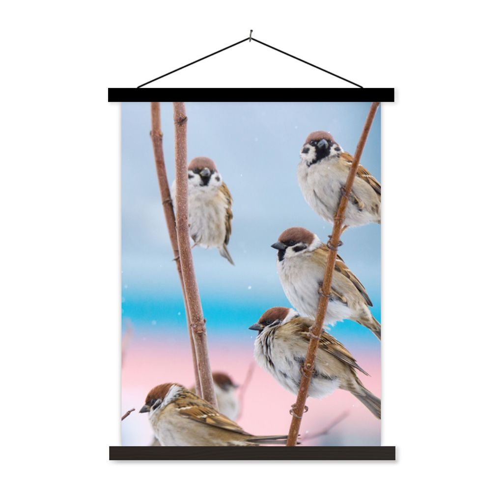 MuchoWow Textilposter Vögel - Spatz - Tiere - Äste 60x80 cm mit schwarzem Rahmen - Plakathalter