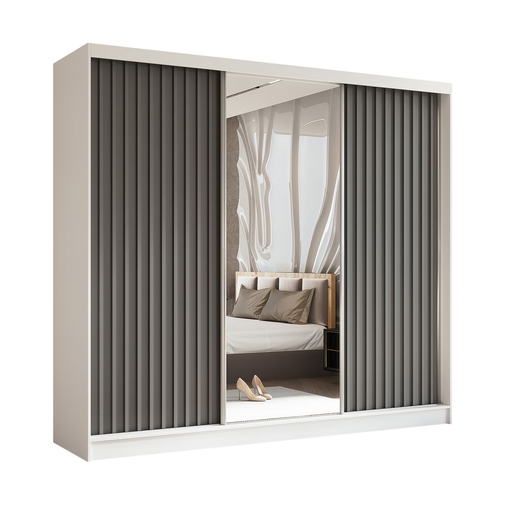 AX LIVING Cabinio Kleiderschrank Weiß mit Spiegel 240 cm Breite, Grau