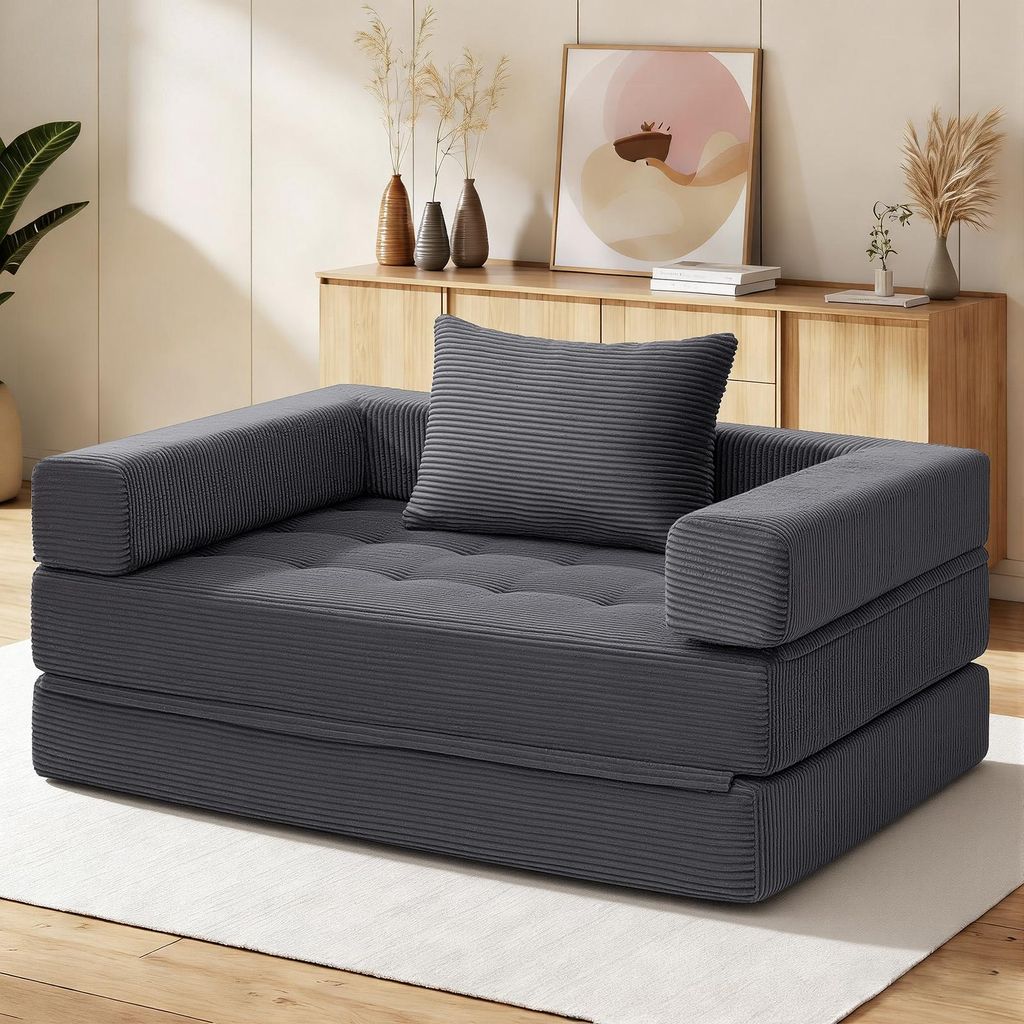 HOMMPA 5-in-1 Klapp-Schlafsofa, extragroß, Bodenschlafsofa, Cord-Klappmatratze, Sofa für Wohnzimmer, Schlafzimmer, Lounge, Full 180x128cm, Grau