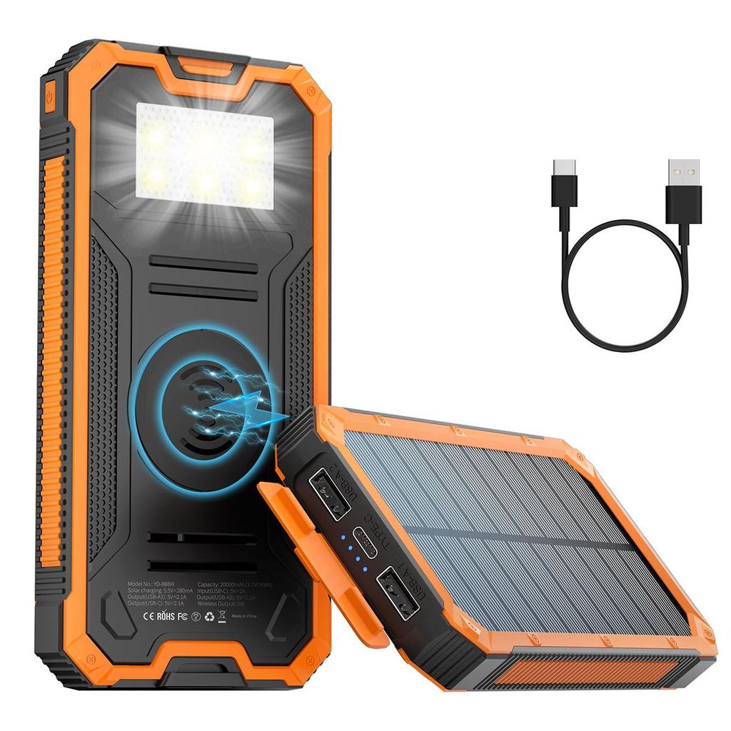 Solar Powerbank 20000mAh mit Wireless Charging Outdoor Ladegerät wasserdicht USB C für Camping Wandern Reisen Notfall