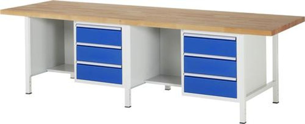 Mobile Werkbank mit Ablageboden - 6 Schubladen - Vollauszug - 180:6 - 840 x 3.000 x 900 mm (HxBxT) - Traglast 1.250 kg - Buche