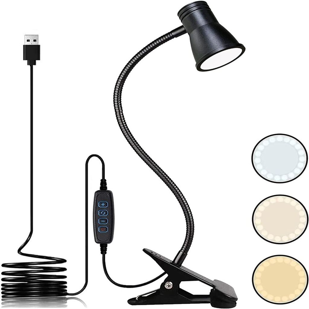 Clip-on-Lampe, Augenpflege-Bettlampe mit Klemme – Buchlampe mit 360 Grad flexiblem Schwanenhals, 3 Modi, 10 Helligkeits-USB-Licht, Nachttischlamp...