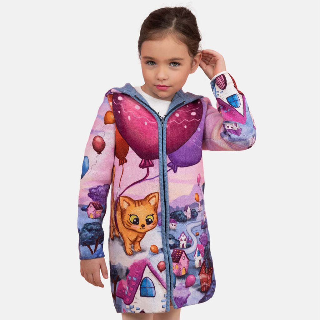 Belmil Cats and Balloons Strickjacke lang Cardigan Knit Pullover Kapuzenpullover mit Reißverschluss Kinder mädchen, Größe: 134