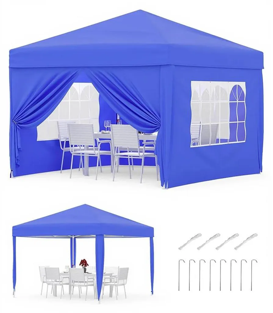 Tente pliante pop-up 3x3m bleue avec 4 parois et protection UV50+
