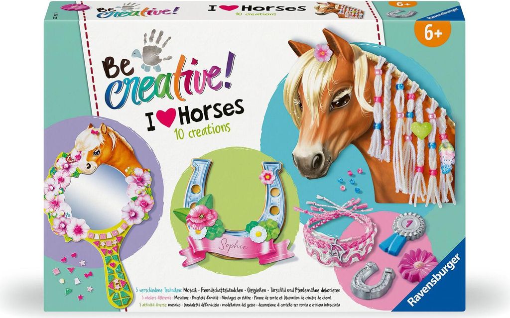 The image shows the packaging of a Ravensburger craft kit for children, featuring horse-themed creations.
