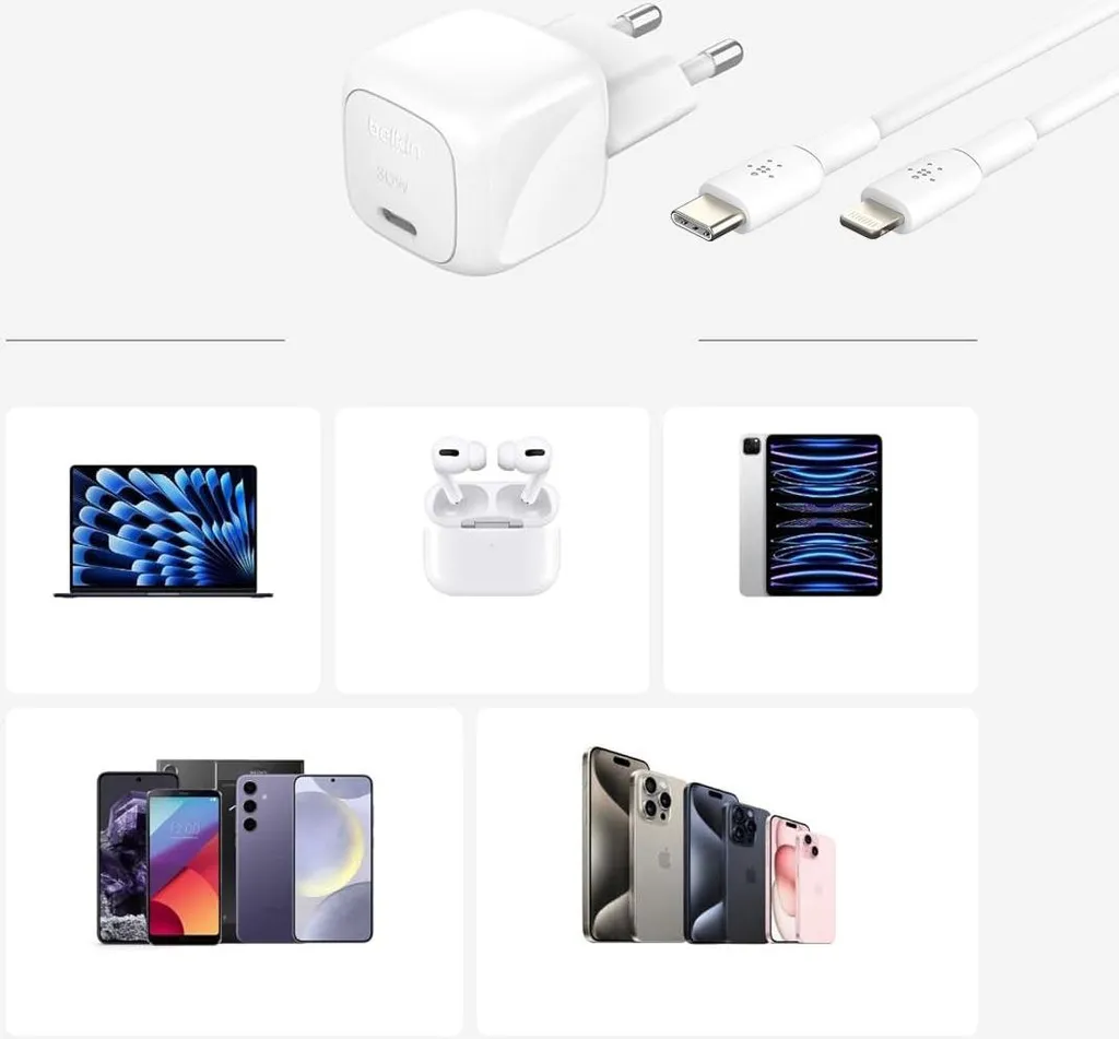 Chargeur USB-C 30W Belkin PD et PPS avec câble Lightning 1m blanc - 19