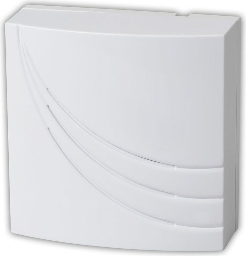 A white electronic device with curved lines on its surface, likely a doorbell or chime.