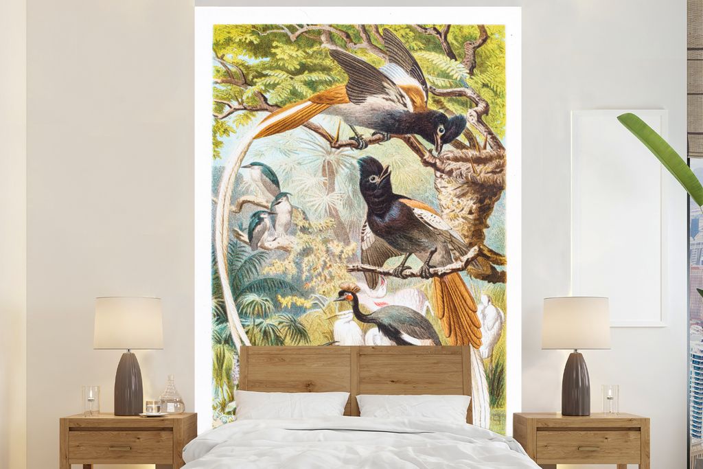 MuchoWow Fototapete für Wohnzimmer oder Schlafzimmer Wandtapete Vinyl Motivtapete Antike Vogeldrucke Familie - 160x240 cm - Vinyltapete