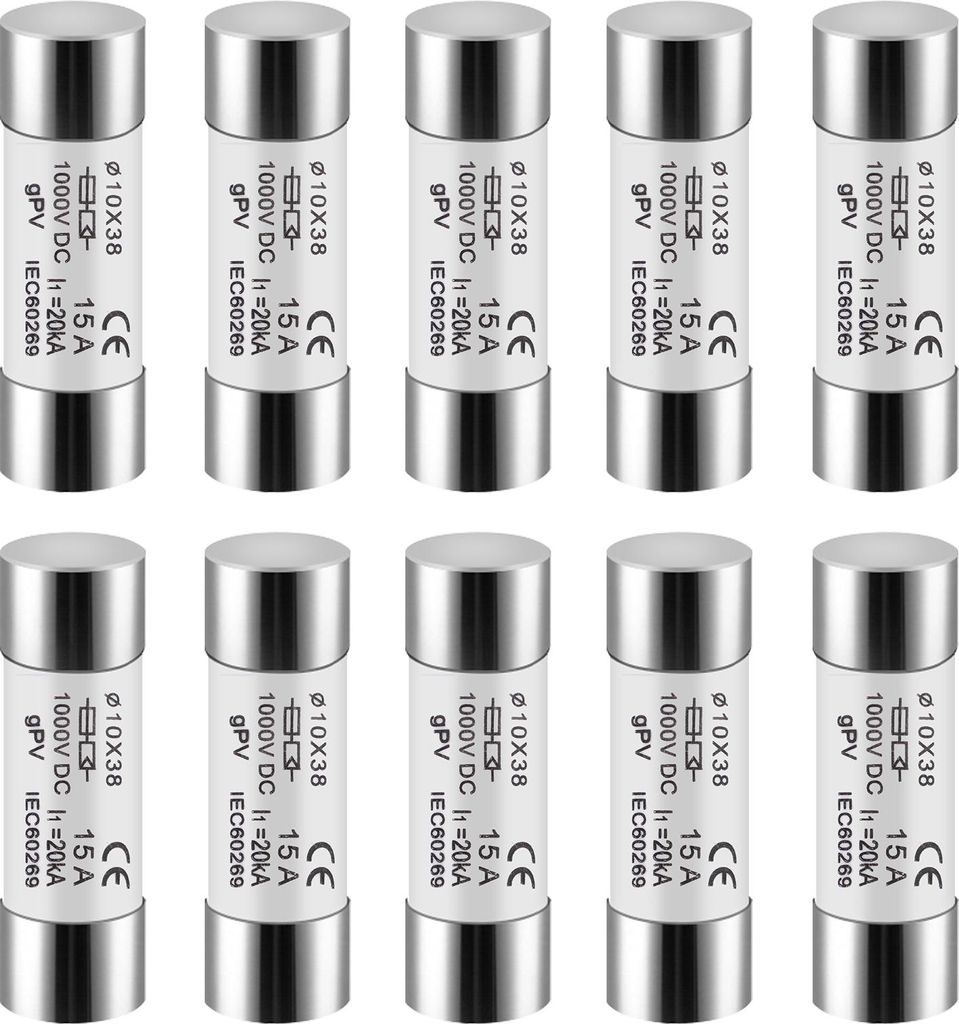 A collection of photovoltaic fuses arranged in two rows on a white background.