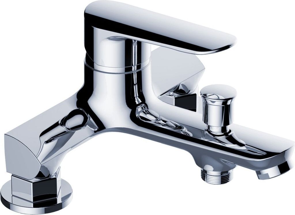 A chrome-finished bathtub faucet shown against a white background.