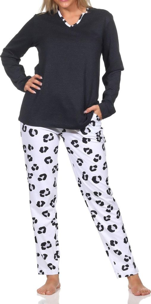 Normann Damen Schlafanzug lang Pyjama aus weichem Jersey mit Tiermotiv ; anthrazit-mel. , 36