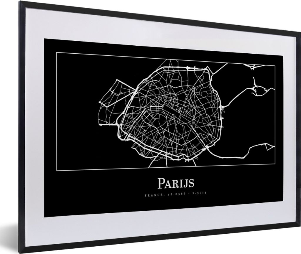 MuchoWow Gerahmtes Poster Paris - Karte - Stadtplan 60x40 cm - Poster mit Schwarzem Bilderrahmen Wandposter Rahmen Foto Bilder - Schlafzimmer - P...