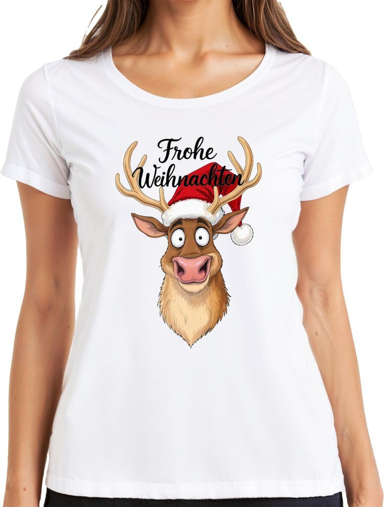 Frohe Weihnachten Lustiges Rentier Weihnachtsmütze Cartoon Humor Damen T-Shirt, Weiß, S