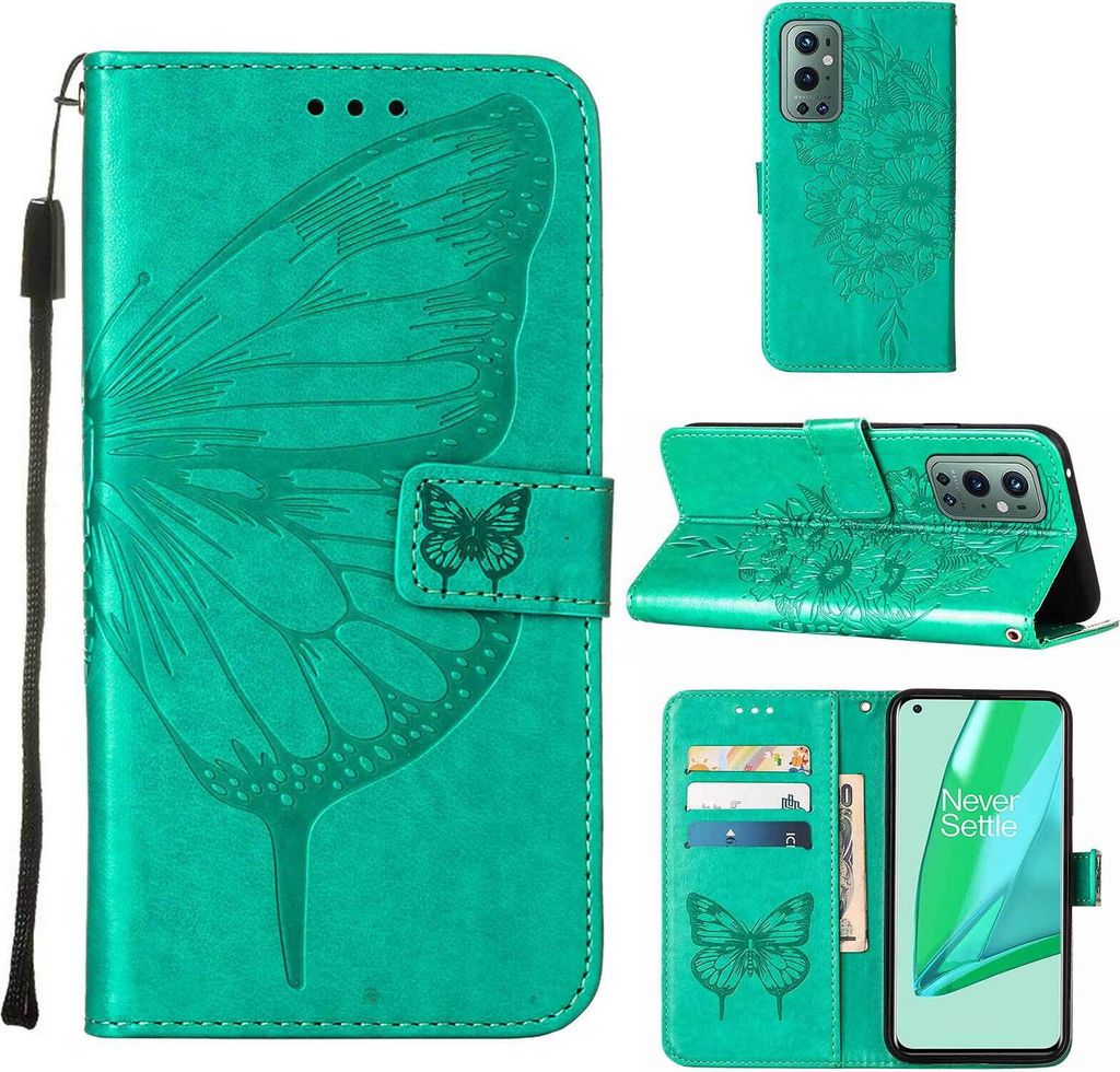 OnePlus 9 Pro Hülle, Schmetterling Prägung Flip Leder Kartenfächer Schutzhülle Ledertasche mit Ständer für OnePlus 9 Pro Grün