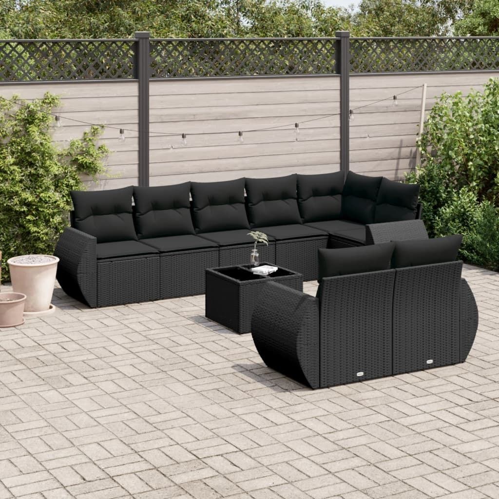 9-tlg. Garten-Sofagarnitur mit Kissen Schwarz Poly Rattan 3253962