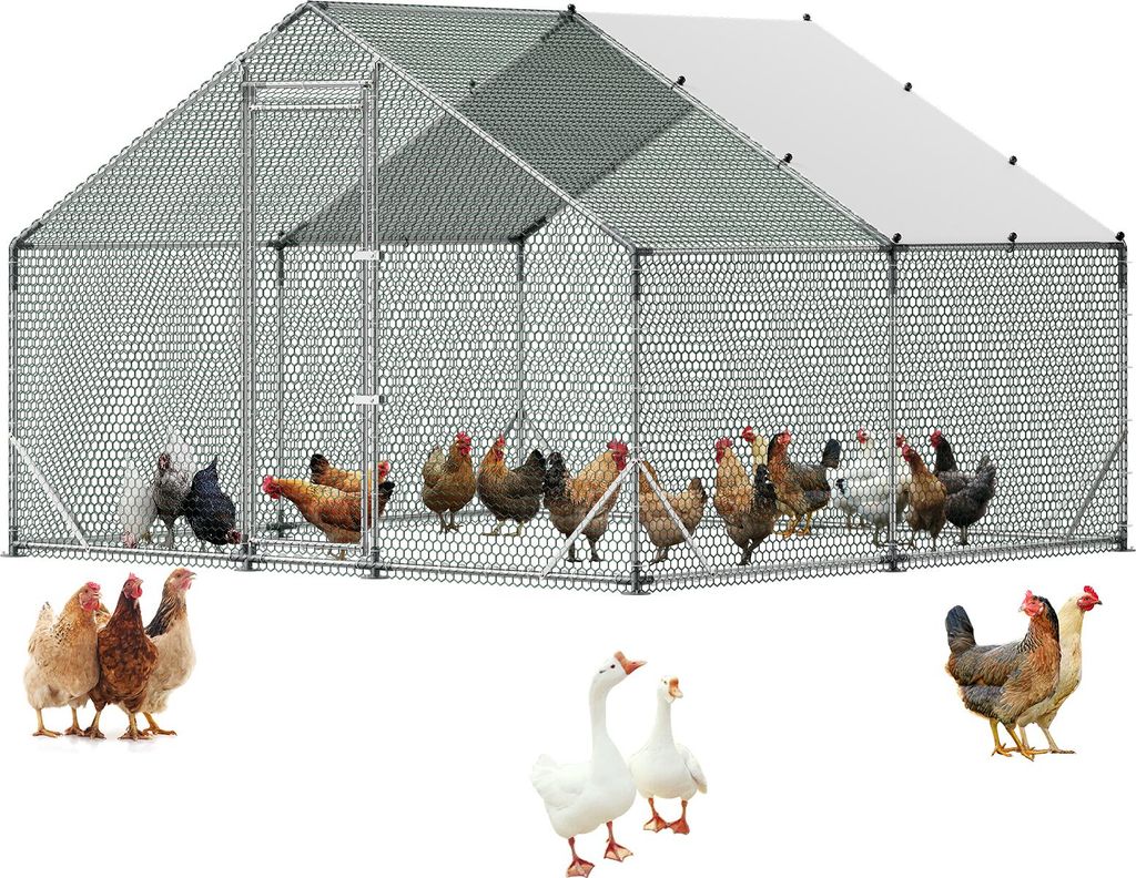 VEVOR Hühnerstall, 3x3x2 m, begehbarer Hühnerauslauf mit wasserdichter Abdeckung & stabilem Rahmen, Geflügelkäfig mit Spitzdach, Freilaufgehege...