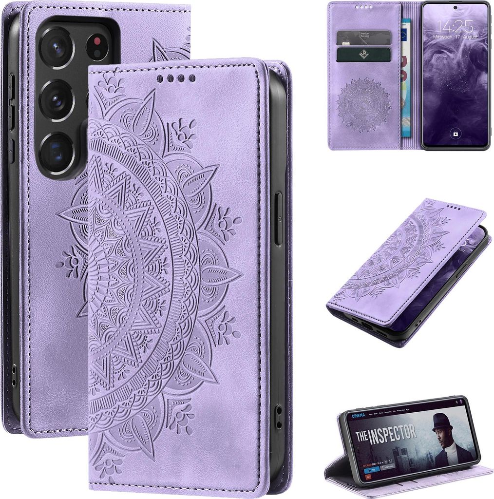 Mandala Handyhülle für Samsung Galaxy S22 Ultra RFID Schutz Klapphülle Case Cover Design Schutzhülle Farbe: Violett