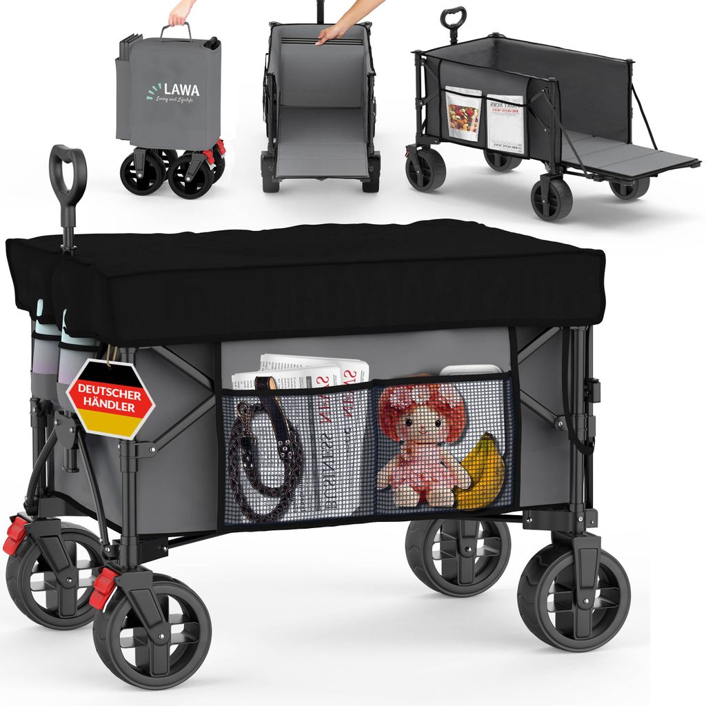 faltbarer Transportwagen Dach 100kg Bremse Seitentasche Heckklappe Flaschenhalter klein 130l leicht grau kleines Packmaß ausziehbarer Teleskop Griff