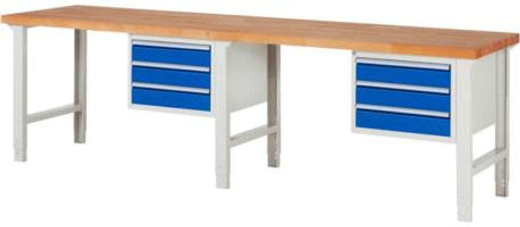 Werkbank mit 6 Schubladen - Vollauszug - 120:6 - höhenverstellbar 790-1.140 mm - 3.000 x 700 mm (BxT) - Traglast 750 kg - Buche