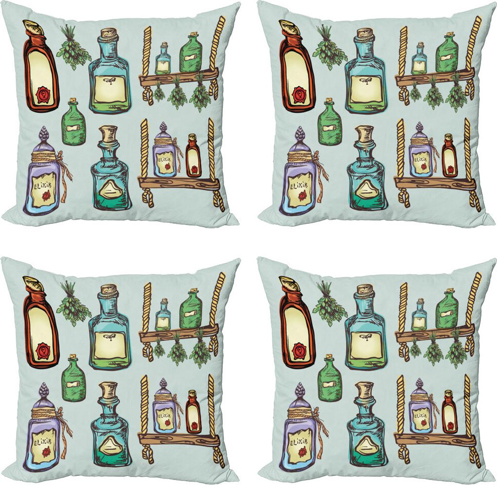 ABAKUHAUS Apotheker Kissenbezug Set (4 Stück), Alchemy magische Elixier, Moderner Doppelseitiger Digitaldruck, 40 cm x 40 cm, Mehrfarbig