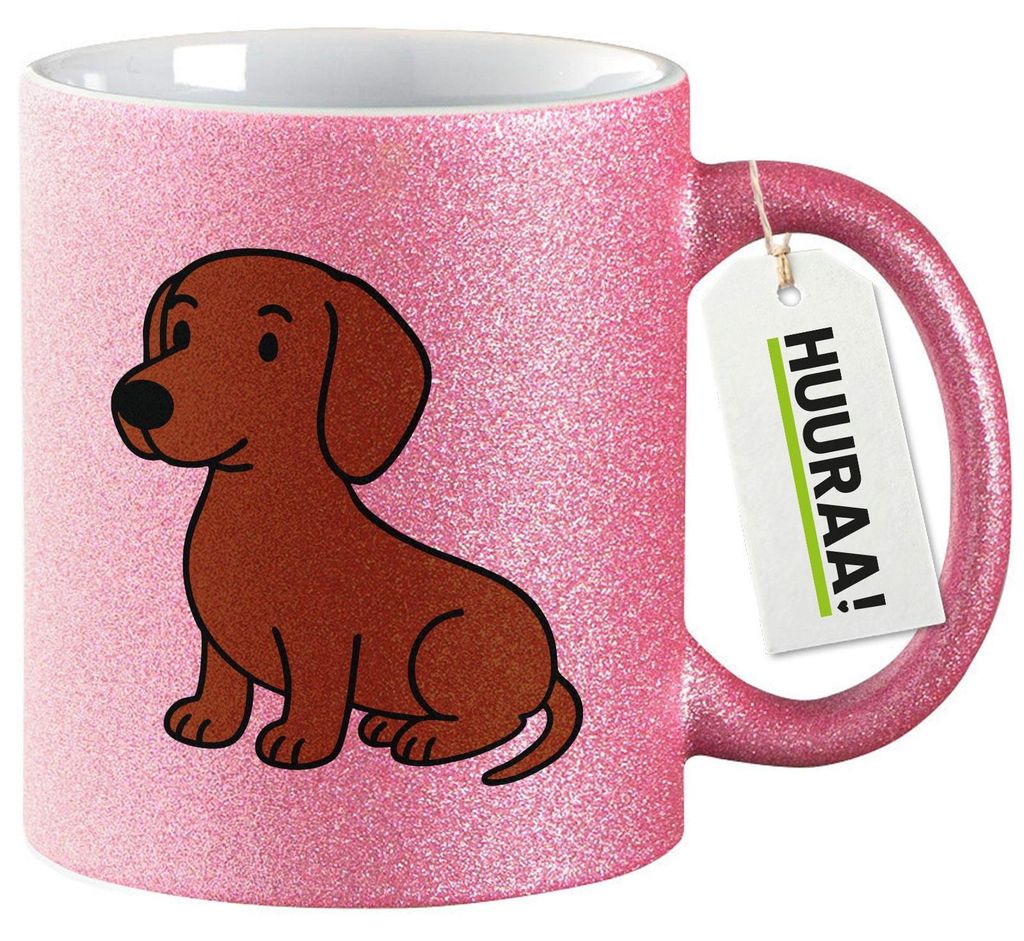Huuraa Glitzertasse Kurzhaar Dackel Dachshund Comic 330ml Pink Keramik Kaffeebecher Geschenkidee