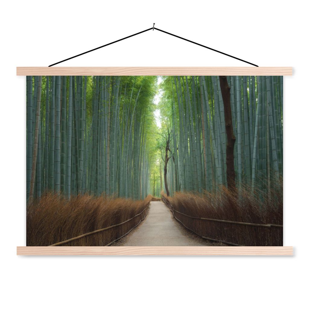 MuchoWow Textilposter Bambus - Weg - Wald 120x80 cm mit holzfarbenen Rahmen - Aufhängeset