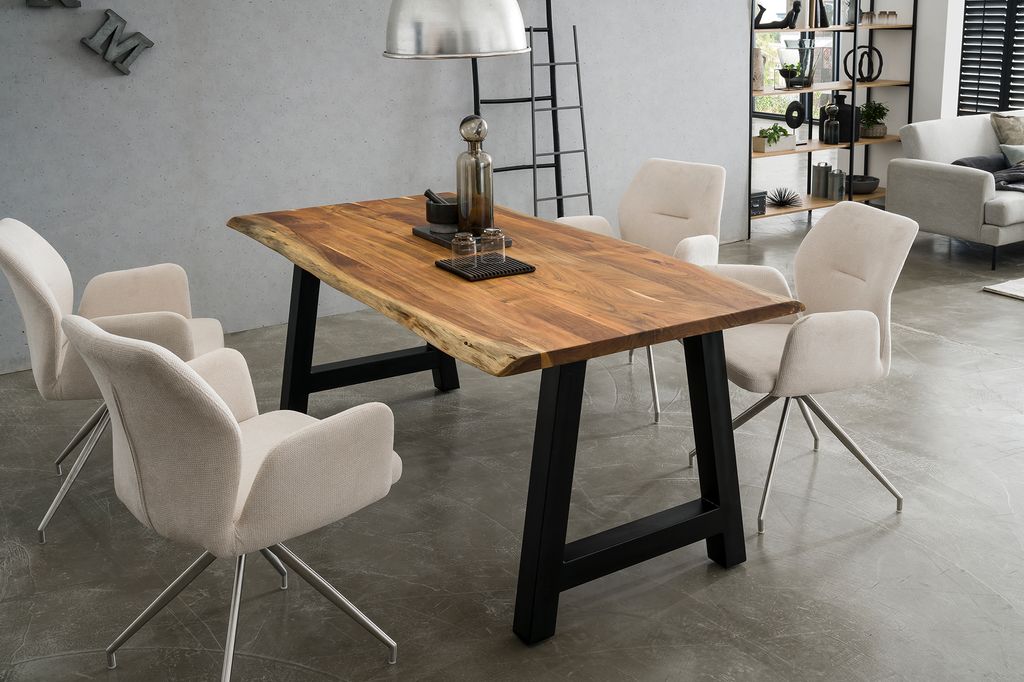 SalesFever Tisch | Akazie Massiv Natur | Baumkante 3,5 cm stark | 160 x 85 | A-Gestell Schwarz