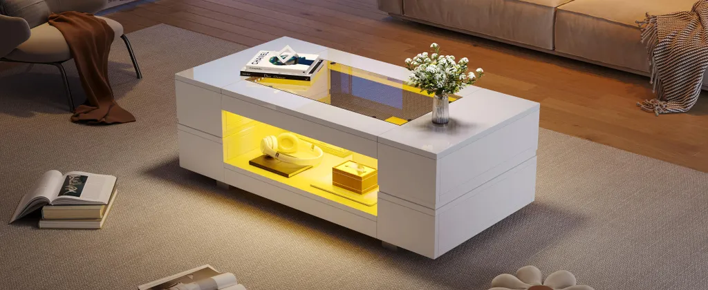 Sweiko Table Basse LED Blanche Bluetooth - Table de Salon Design Moderne - 11